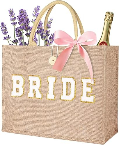 JUSTOTRY 1 pcs Bride to Be Jute Tote Bag Beige,Jutebeutel Bedruckt“BRIDE” Lettering für Jga Frauen Accessoires und Junggesellenabschied Frauen Deko,The Tote Bag Aesthetic Gift für Team Braut
