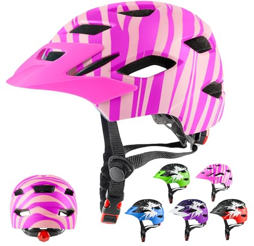 RaMokey Casco da bici per bambini e bambine dai 3 ai 15 anni, leggero, con fanale posteriore, quadrante regolabile, visiera rimovibile (50-56 cm)
