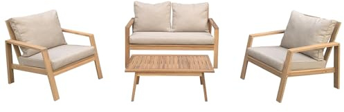 Happy Garden Salon de Jardin Gili en Acacia avec Coussins Sable. Ensemble canapé, fauteuils et Table Basse d'extérieur pour 4 Personnes