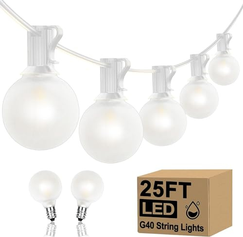 Cbebew 25FT G40 LED Frosted Outdoor String Lights, Globe String Lights with 27 Edison Shatterproof Bulbs(2 Spare), Decorative Lights for Bedroom Bistro Café Wedding, Warm White, White Wire