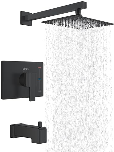 KENES Matte Black Tub Shower Faucet Set Complete with 10-Inch Rainfall Shower Head and Tub Spout, Square Tub and Shower Trim Kit, KE-6024A-2 (Shower Valve Included)