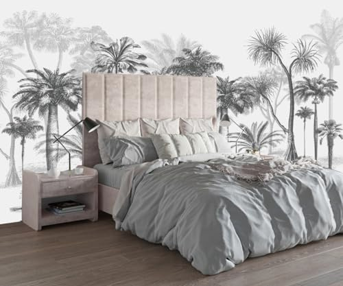 Kalodity Papier Peint Panoramique Jungle Noir et Blanc 3d Soie, 356 X 250 cm Tropical Coconut Forêt - Papier Peint Jungle Grandes Murales Poster pour Salon, Adulte Chambre d'enfants, Étude Décoration