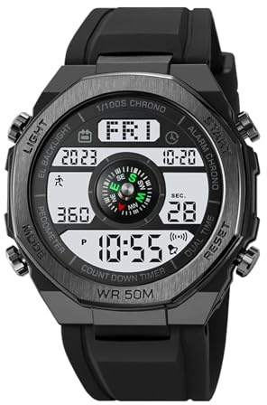 Montre Militaire Commando Homme - Sport, Calendrier, Réveil, Chronomètre, Podomètre, Numérique, Étanche 50ATM, Cadran Gris