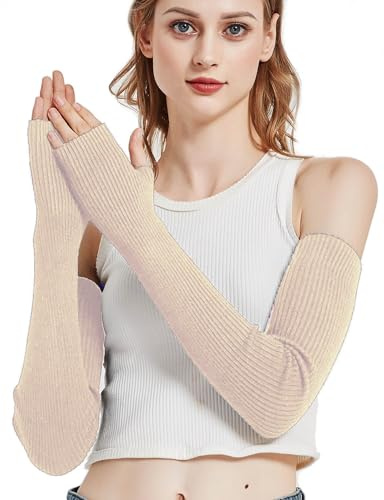 Novawo, manicotti caldi in misto lana, guanti lunghi senza dita per donne, Beige, Etichettalia unica