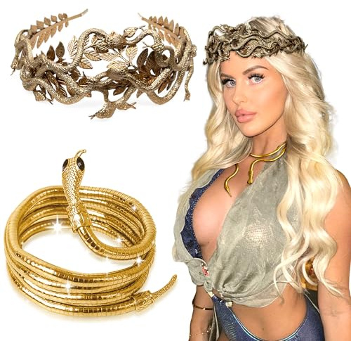 LaVenty Schlange Stirnband Schlange Ohrringe Medusa Kopfstück Medusa Krone Medusa Kostümzubehör Göttin Kostüm Frauen Party Kostüm
