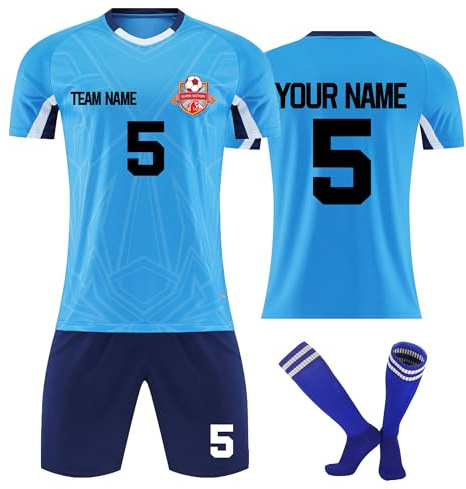 Faletony Personalisiertes Fußball Trikot Kinders Erwachsene Fussball Shirt & Shorts Set mit Name Nummer Benutzerdefiniert Trikot Fußballtrikot, Blau