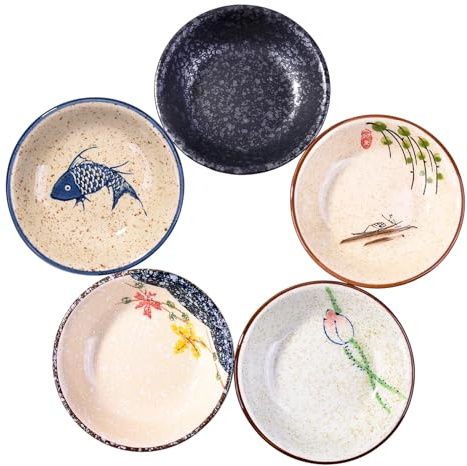 Fignner Japanese Retro Porcelain Soy Side Dish Bowl Seasoning Dishes Soy Dipping Sauce Dishes Set of 5