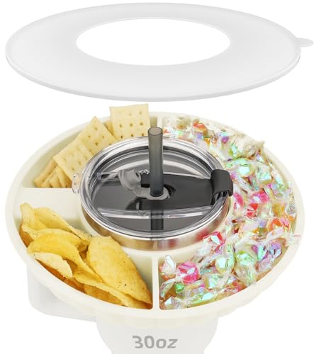 Musiwanna Bandeja de aperitivos con tapa para taza Stanley de 887 ml, solo para 850.5 g, plato de aperitivos compatible con vaso de 880.5 g, cuenco de silicona con 3 compartimentos, anillo superior de