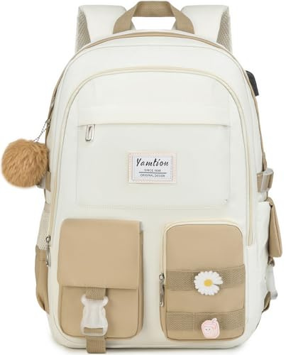 YAMTION Sac à Dos d'école pour Adolescente, Sac à Livres Avec Compartiment pour Ordinateur Portable pour étudiantes (Kaki beige, fit 15.6 inch pc)