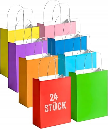 Bunte Papiertüten 24 Stück mit Henkel Geschenktüten Kraftpapier | Kindergeburtstag Partytüten, Mitgebsel Candy Tüten, Geschenkverpackung Hochzeit, Geburtstagstüten