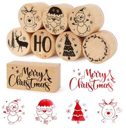 BOOMTOP 8Pcs Weihnachten Stempel Holz Rund Holzstempelset Merry Christmas Stempel Weihnachtsstempel Klein Motivstempel Kinder für Kartenbasteln Scrapbooking Geschenkpapier
