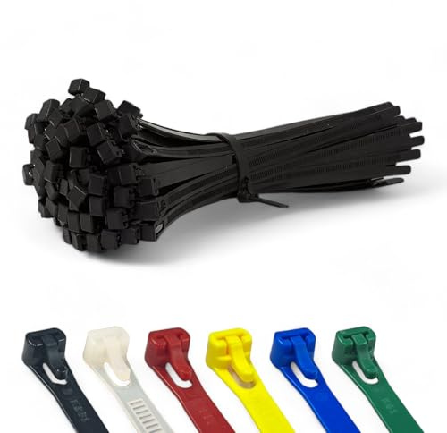 100 Pack of 150mm x 7.6mm Releasable Cable Ties Black Heavy Duty Reusable Strong Nylon Zip Tie