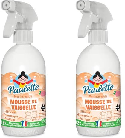 Paulette - Mousse de Vaisselle Rose - Liquide Vaisselle en Spray Ecocert - Fabriqué en France - 500 ml (Lot de 2)