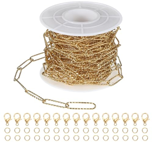 PATIKIL Stainless Steel Jewelry Chain, 16Ft 5mm Embossed Oval Link Cable Chains for Necklace Earring Bracelet Findings Jewelry Making Trucker Hat Chains, Gold