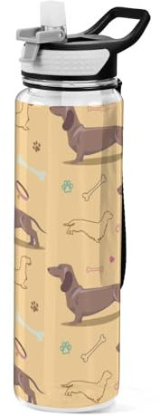 Mnsruu Transparente Sport-Wasserflasche mit Strohhalm, auslaufsichere Trinkflasche, niedlicher Dackel in rosa Fahrradflaschen für Sport, Büro, Schule, BPA-freier Tritan-Kunststoff, 1 Liter