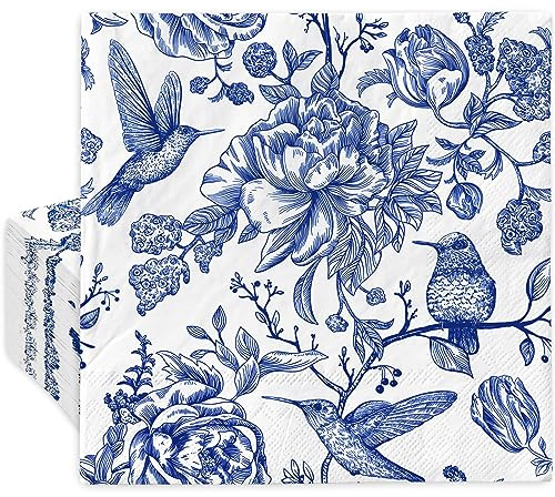 JarThenaAMCS Cocktail-Papierservietten mit Blumenmotiv, Blau und Weiß, Einweg-Servietten, Vintage-Blume, Getränke-Servietten für Party, Tischdekoration, 50 Stück