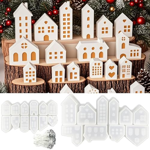 TZEKING 122 Stück Silikonformen Gießformen Häuser,Silikonform Weihnachten Haus,3D Silikonform Haus,Mini Haus Giessformen,für DIY Weihnachts Deko