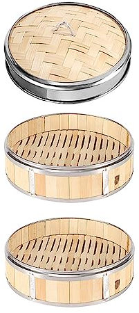 Guoyoocc Cesta de Vapor de bambú,2 Niveles con Tapa Steam Cooker,Olla vaporera de bambú Cocinar al Vapor con Bandas de Acero Inoxidable - para arroz,Dim Sum,Verduras,Carne y Pescado (8 tamaños)