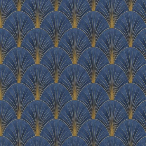 Navy Blue Art Deco Avant Garde Wallpaper - Gold Geometric Fan - Modern Glamorous Feature Wall - Metallic Accents Paste The Wall