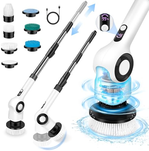 Electric Spin Scrubber, Cordless Power Shower Scrubber with 7 Scrub Brush, 3 Speeds, Adjustable Extension Handle, IPX7 Waterproof Electric Cleaning Brush for Bathroom Tub Tile Kitchen- White