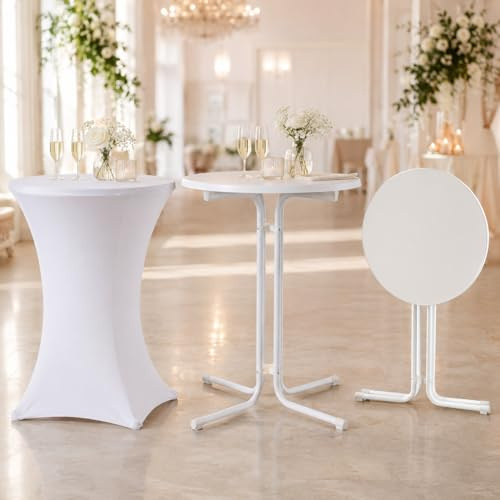 Onbest Stehtisch klappbar 110 cm Ø80 cm weiß mit Husse | Runder Bistrotisch, Biertisch und Gartentisch für In- und Outdoor, Klapptisch mit festlicher Husse