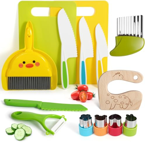 Koonie - 15 teiliges Kinder Sicherheit Küchenmesser für echtes Kochen mit Gemüse Ausstechformen, Holzmesser, Schneidebrett etc. Messer für ab 3 Jahren, Montessori Messer, kochset