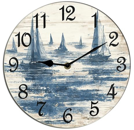 Horienteeon Orologio da parete a forma di barca a vela nel mare, in legno, silenzioso, senza ticchettio, funzionamento a batteria, per camera da letto, bagno, soggiorno, ufficio, scuola, cucina