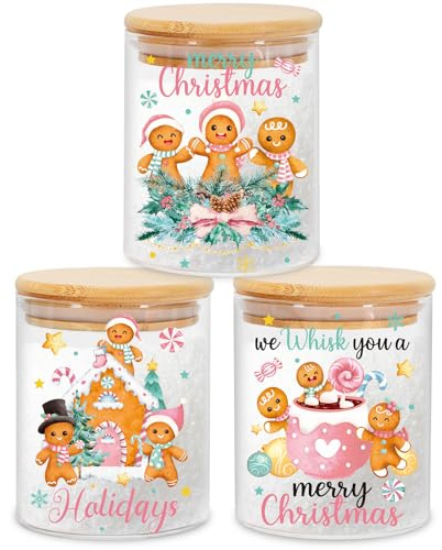 Whaline 3Pcs Christmas Glass Storage Jars with Airtight Lid Pink Green Gingerbread Man Decorative Canisters Sets for Xmas Home Kitchen Countertop