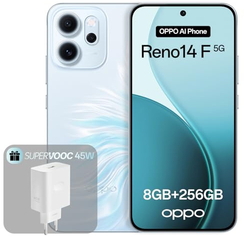OPPO Reno14 F 5G 8+256Go, Smartphone Android Débloqué IA, Écran 6,57 120Hz AMOLED, Caméra AI 50+32MP, Batterie 6000mAh, Résistance à l'eau IP69, Opal Blue (Inclut Chargeur 45W SUPERVOOC)