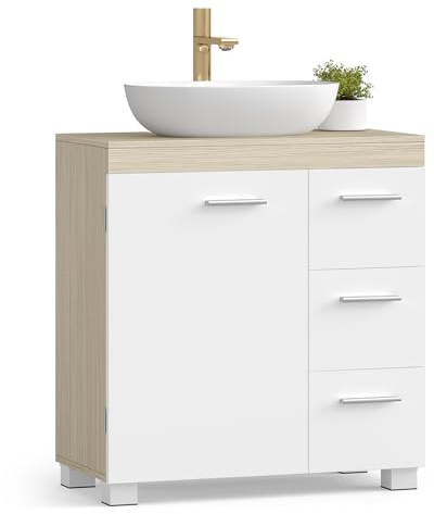 VASAGLE Meuble sous Lavabo, Meuble de Salle de Bain, 3 Tiroirs Latéraux, 2 Compartiments Derrière la Porte, avec Pieds, 30 x 60 x 64 cm, Blanc Nuage et Beige Naturel BBK514LL01