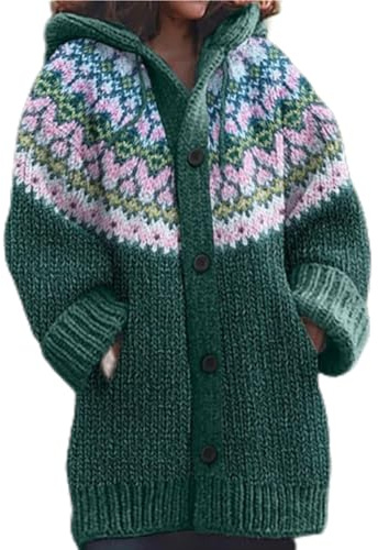 Mfhmom Damen Lang Strickjacke Norweger Cardigan Oversize Strickmantel Mit Kapuze Grobstrick Pullover Elegante Winter Herbst Übergangsjacke 3D Digital Bedruckte Strickjacken Knöpfen Weihnachts Sweater