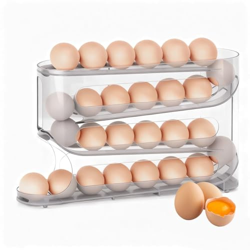Clear Gray Roll Down Egg Holder 4 Tiers,Egg Storage Fridge with 30 Capacity