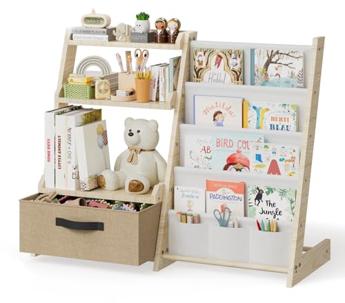 Hoyiyobi Scaffale per bambini con organizer per giocattoli 2 in 1 - Libreria in legno e tessuto con 4 scomparti, cassetto e tasche portapenne, scaffale sicuro per bambini, altezza 68 cm, per cameretta