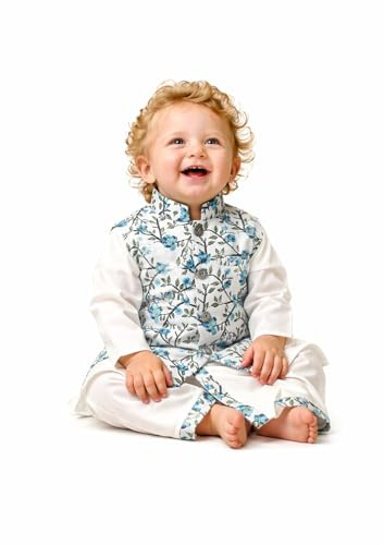 A.T.U.N. (ALL THINGS UBER NICE) Conjunto de pijama étnico Kurta de algodón puro para bebés con chaqueta Nehru estampada | Conjunto de ropa tradicional india festiva para bebés | Elegantes trajes de