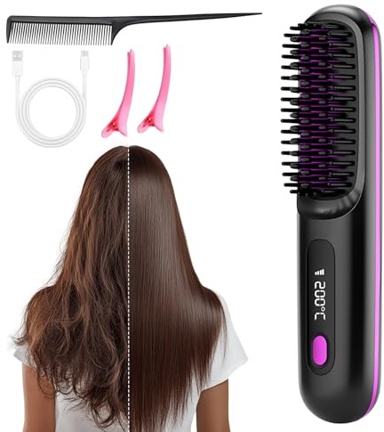 Kabellose Glättbürste Mit 3 Temperaturstufen, 2026 Neu Stylingbürste für Kurze Haare, Kabellos Glättungskamm mit LED-Anzeige Tragbare Glättungsbürste Für Glätten und Locken (Schwarz)