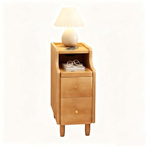 Mesita de noche estrecha con agujero para cable, mesita de noche fina con cajones y estante abierto, lado de madera maciza con almacenamiento para espacios pequeños, dormitorio y dormitorio (nogal