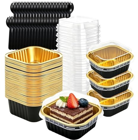 30 Pack Mini Cake Baking Cups with Lids and Spoons 150ml - Aluminum Foil Ramekins Dessert Cups with Lids - Square Mini Loaf Tins for Brownie Cheesecake Creme Brulee Party Favours (Gold)
