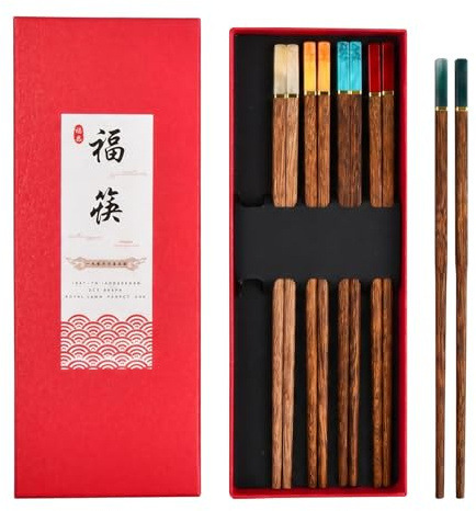 Wooden Chopsticks 5 Pairs Reusable Japanese Style Chop Sticks with Imitation Jade Tail, Natural Wooden Chopsticks Gift Set for Asian Food Sushi Noodles, Dishwasher Safe