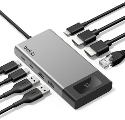 Belkin Hub USB C, concentrador multipuerto 8 en 1 de 100 W, Soporte de Doble Pantalla para Windows y Chromebook + Soporte Espejo para macOS con privacidad de Monitor, Ethernet, resoluciones de hasta