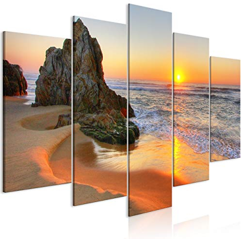 decomonkey Bilder Strand Meer 200x100 cm 5 Teilig Leinwandbilder Bild auf Leinwand Wandbild Kunstdruck Wanddeko Wand Wohnzimmer Wanddekoration Deko Landschaft Sonnenuntergang