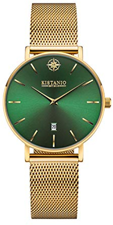 Kistanio Petit Damenuhr mit Milanaiseband Datum Edelstahl Goldfarben Grün Saphirglas GO-GRNS-M