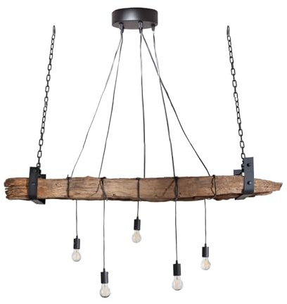 invicta INTERIOR Industrial 5-flammige Hängelampe Barracuda 152cm recyceltes Massivholz höhenverstellbar mit 5 Leuchten Hängeleuchte Balken Pendelleuchte Holzbalken