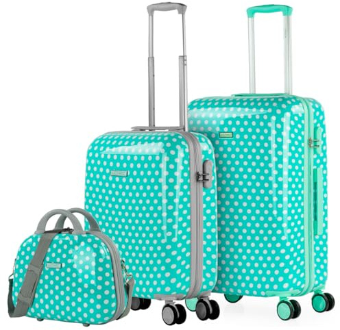 ITACA - Maletas Infantiles Resistentes y Ligeras con Neceser - Maleta Viaje Niña con diseño Colorido y Ruedas Suaves para pequeños viajeros. Candado de Combinación, Topos Menta