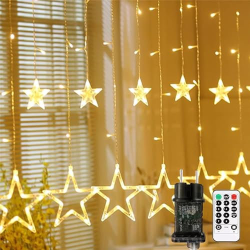 LED Lichterkette Lichtervorhang 2.5M 12 Sternen 138 LEDs Weihnachtsdeko Sternenvorhang Strom, Timer, Fernbedienung 8 Modi Für Innen Außen, Weihnachten Party, Garten, Balkon, Fenster, Zimmer Warmweiß