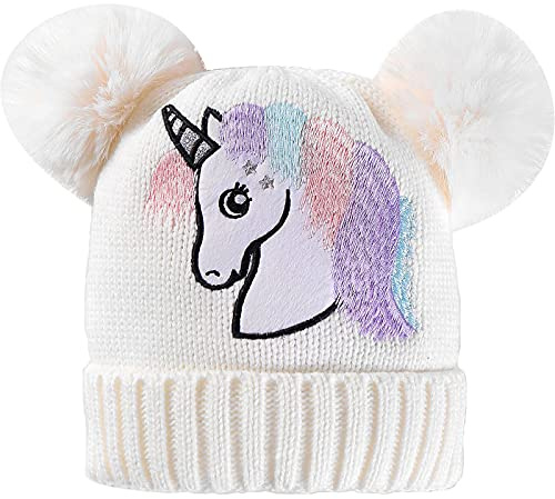 XYIYI Unicorn White Kids Winter Pompom Hat Knit Ski Hat Double Pom Beanie Cap for 1-10 Years Old Boys Girls