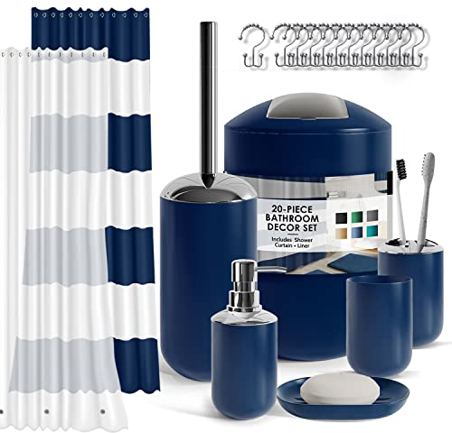 Clara Clark Bathroom Set - Gray Bathroom Accessories Set, 20PC Bathroom Accessory Set, Shower Curtain Set with Liner, Toothbrush Holder, Soap Dispenser, Soap Dish, Toilet Brush Holder, and Trash Can
