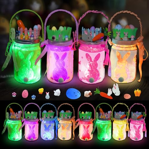 mishunyus 4 Pack Light Up Easter Craft Kit, DIY Easter Lantern Craft, Mason Jars Easter Hanging Lantern Decoration, Indoor Garden Decor, DIY Night Light