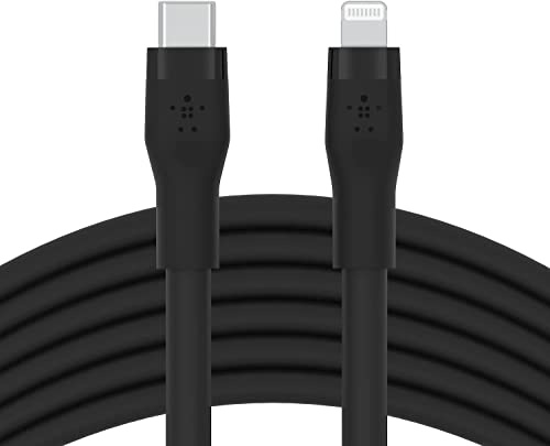 Belkin Cable de silicona USB-C a Lightning de 3 m BoostCharge Flex, Certificación MFi, Carga Rápida PD de 20 W para iPhone 14/14 Plus, 13, 12, Pro, Max, Mini, SE, iPad y Otros, Negro