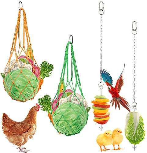 Mangeoire à suspendre pour poulet, légumes, légumes, poulet, légumes, volaille, fruits (2 brochettes + sacs jaunes et verts)