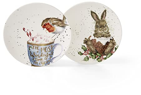 Royal Worcester Wrendale Deigns Festlicher Coupé-Teller, Rotkehlchen und Hase, 16 cm, 2 Stück